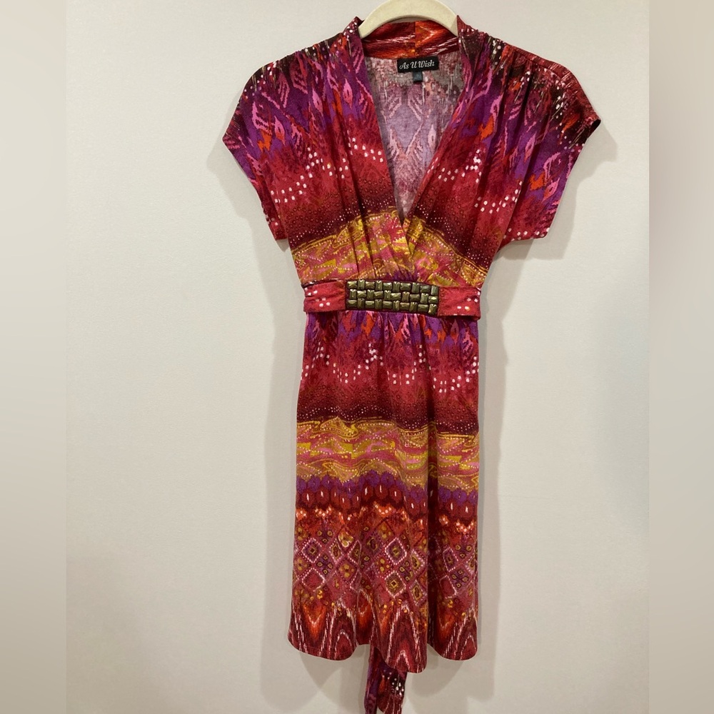 As U Wish Patterned Dress Small V Neck Tie